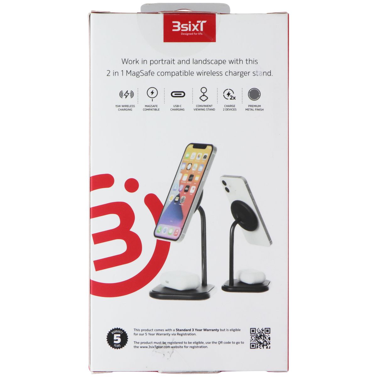 3SIXT 2-in-1 Magnetic Wireless Charger Stand for MagSafe iPhones - Blk (AU Plug) Cell Phone - Chargers & Cradles 3SIXT - Simple Cell Bulk Wholesale Pricing - USA Seller