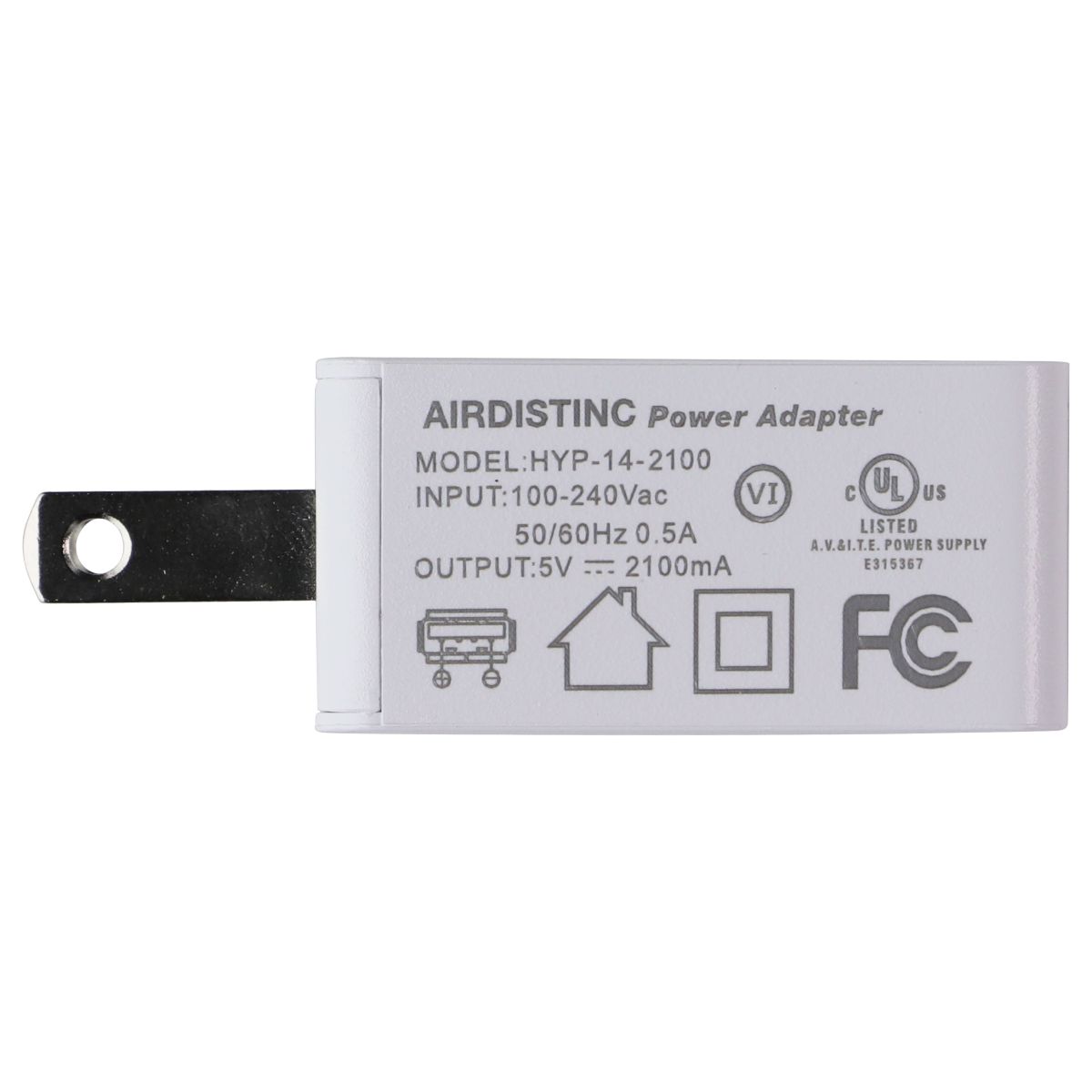 AIRDISTINC (5V/2.1A) Single Port USB-A Wall Charger Adapter - White HYP-14-2100