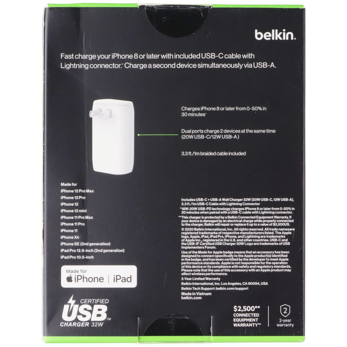 Belkin 32W BoostCharge Dual Port Wall Charger + USB-C to 8-Pin Cable - White Cell Phone - Chargers & Cradles Belkin - Simple Cell Bulk Wholesale Pricing - USA Seller