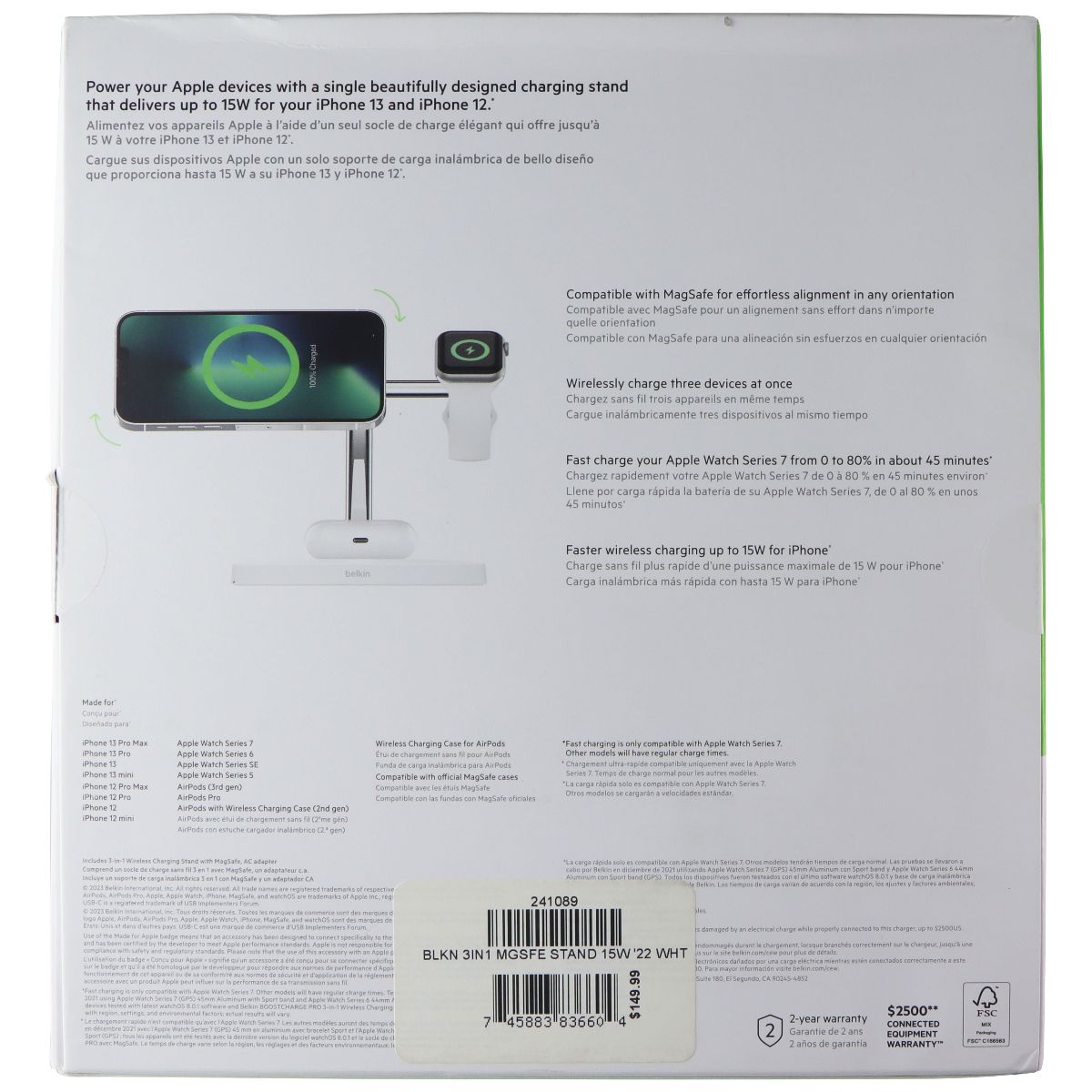 Belkin BoostCharge Pro 3-in-1 Wireless Charging Stand w/ MagSafe - White/Chrome Cell Phone - Chargers & Cradles Belkin - Simple Cell Bulk Wholesale Pricing - USA Seller