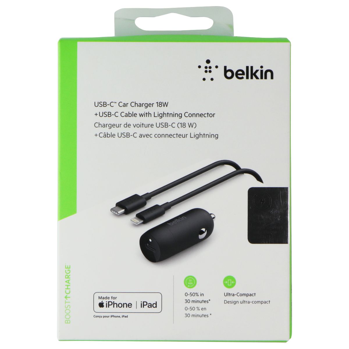 Belkin 18W USB-C Car Charger with 4-Ft USB-C to 8-Pin Lightning Cable - Black Cell Phone - Chargers & Cradles Belkin - Simple Cell Bulk Wholesale Pricing - USA Seller