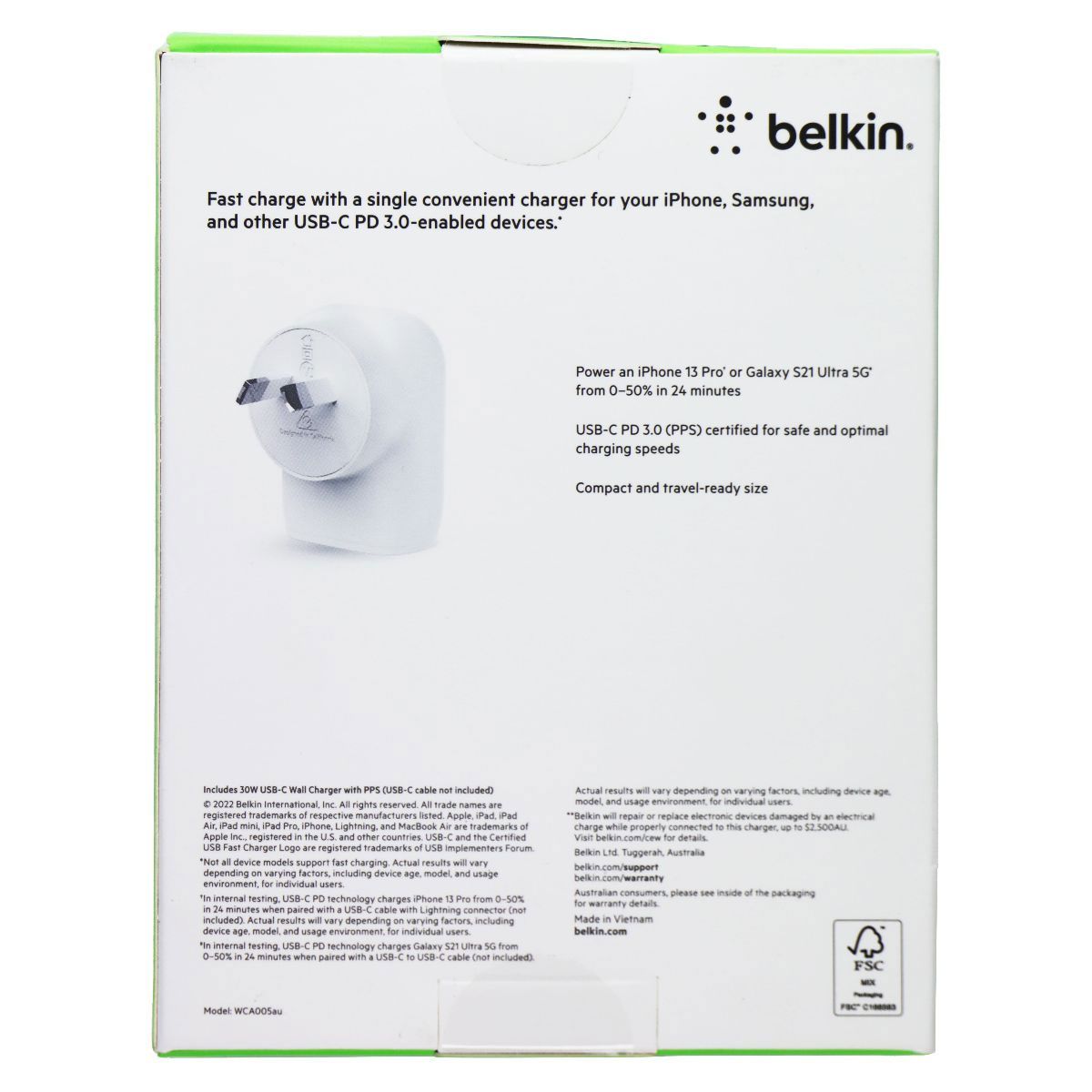 Belkin BoostCharge 30W USB-C Wall Charger - White (WCA005AUWH) (Australian) Cell Phone - Chargers & Cradles Belkin - Simple Cell Bulk Wholesale Pricing - USA Seller