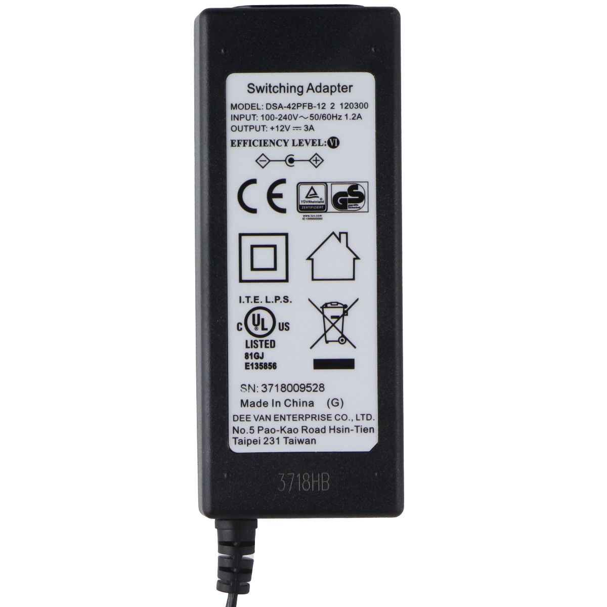 Dee Van Enterprise 12V/3A Switching Adapter DSA-42PFB-12 - Black