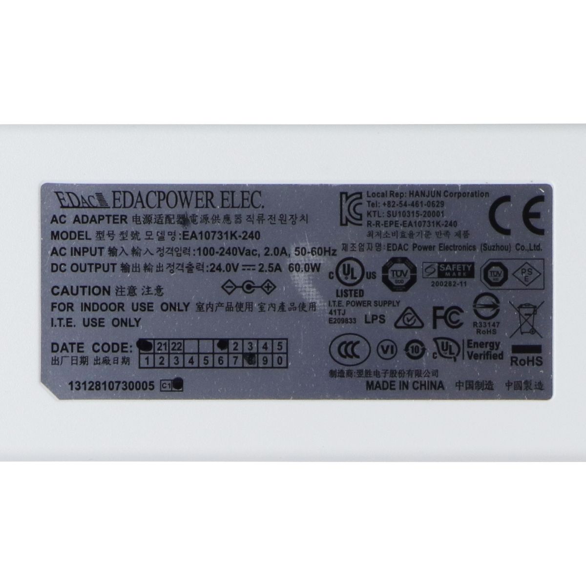EDACPower 60W 24V/2.5A AC Adapter (EA10731K-240) - White Multipurpose Batteries & Power - Travel Adapters & Converters EDACPOWER - Simple Cell Bulk Wholesale Pricing - USA Seller