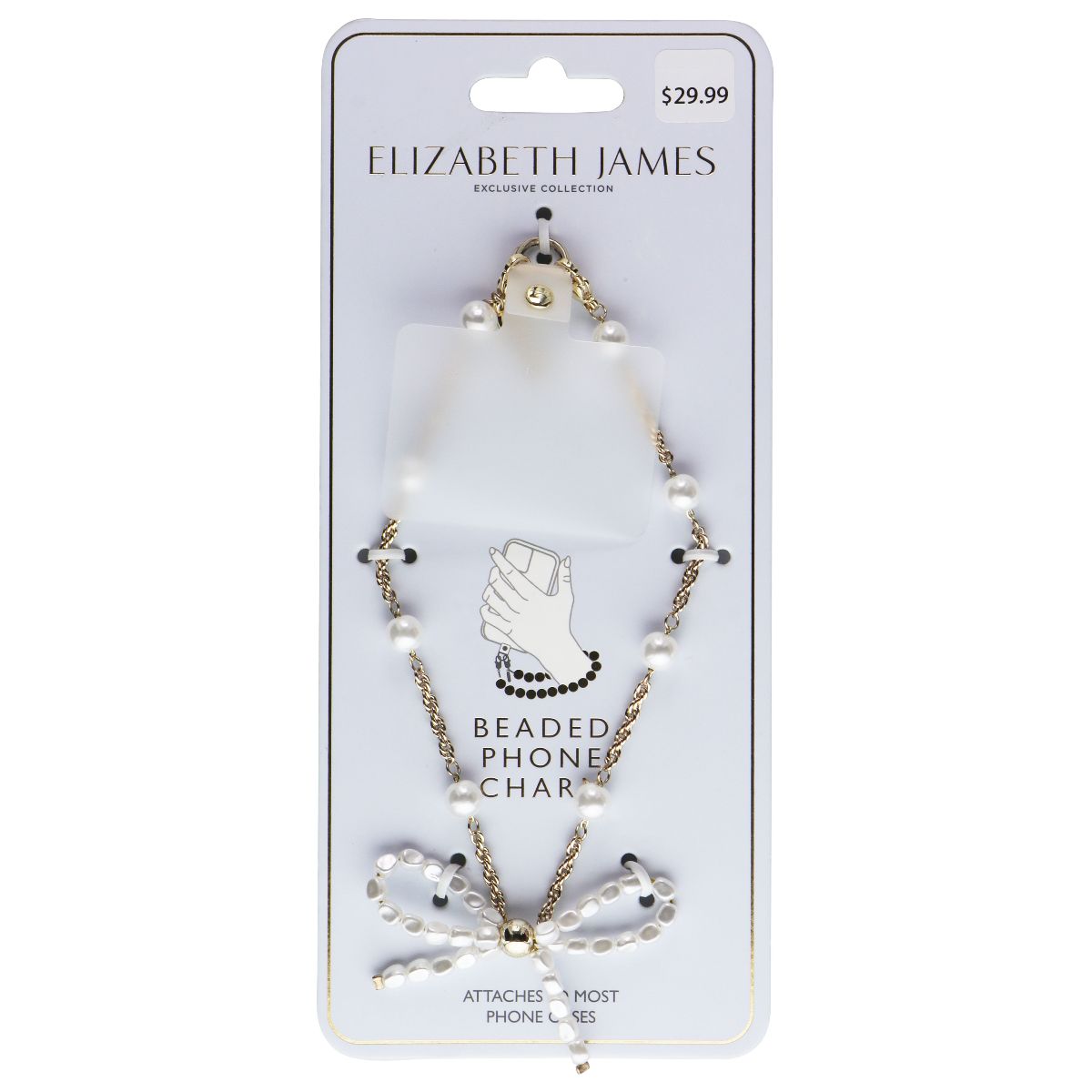 Elizabeth James Beaded Phone Charm for Phone Cases - Gold & Pearl Bow Cell Phone - Straps & Charms Elizabeth James - Simple Cell Bulk Wholesale Pricing - USA Seller