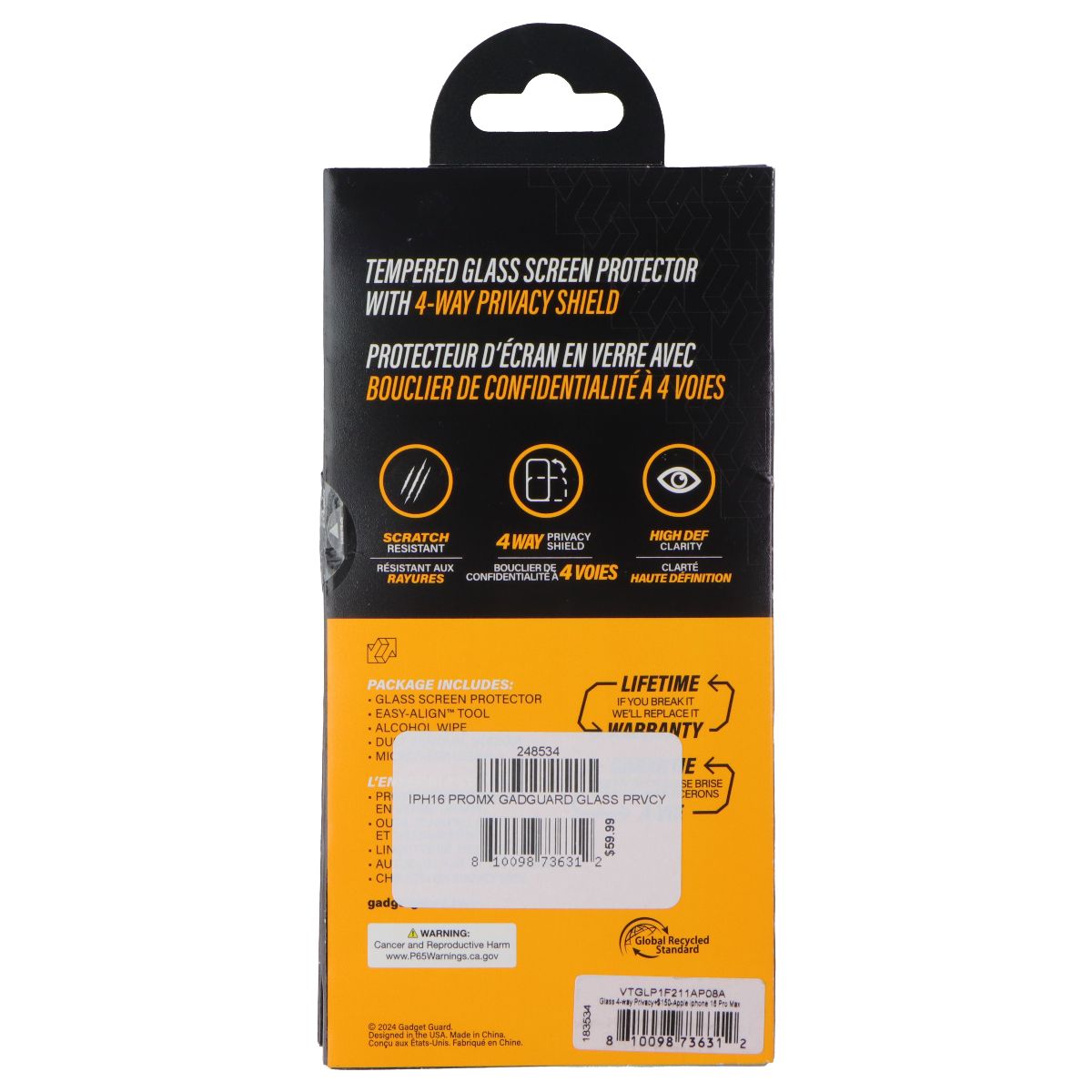 Gadget Guard - Glass with 4-Way Privacy - Screen Protector for iPhone 16 Pro Max Cell Phone - Screen Protectors Gadget Guard - Simple Cell Bulk Wholesale Pricing - USA Seller