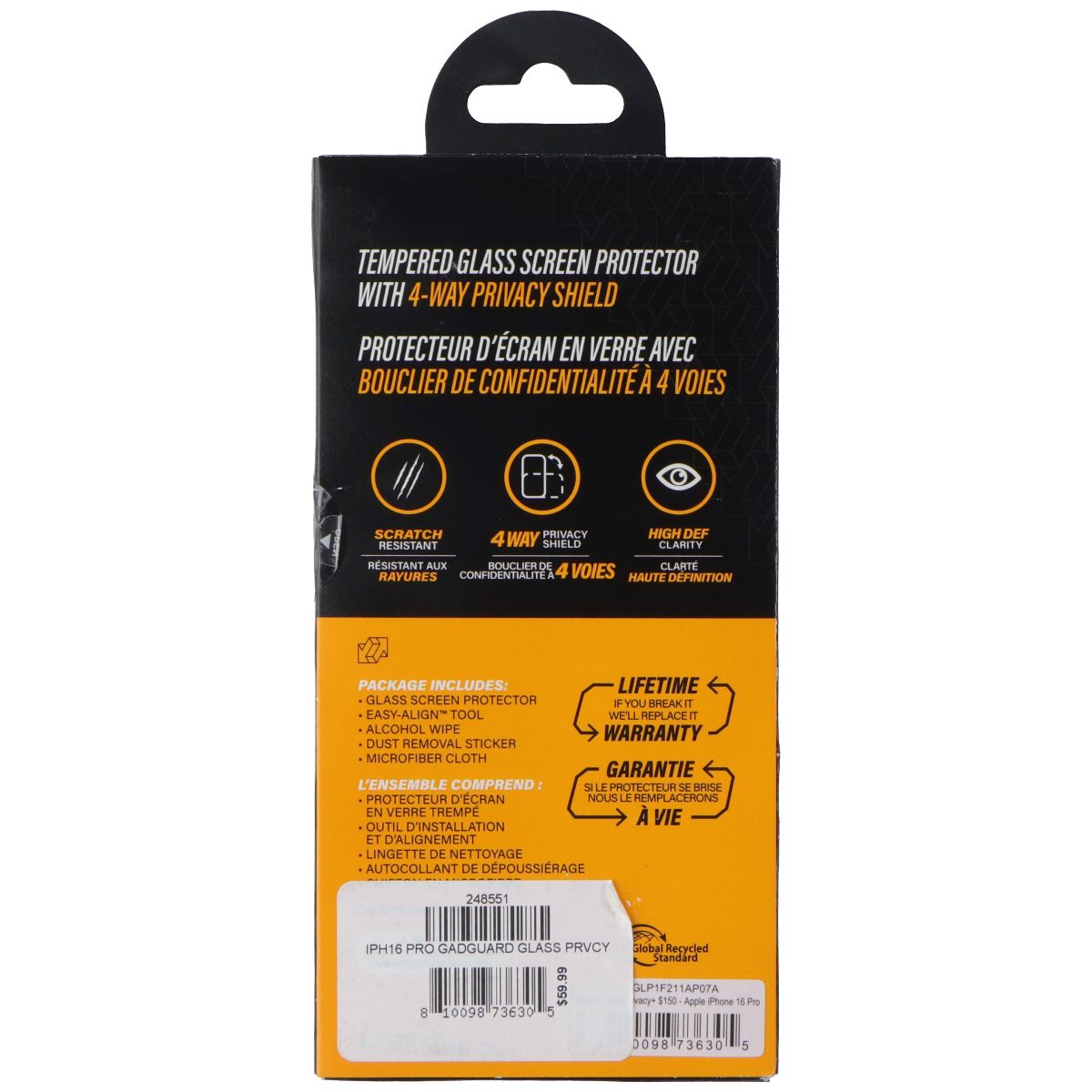 Gadget Guard Glass Screen Protector with 4-Way Privacy for Apple iPhone 16 Pro Cell Phone - Screen Protectors Gadget Guard - Simple Cell Bulk Wholesale Pricing - USA Seller