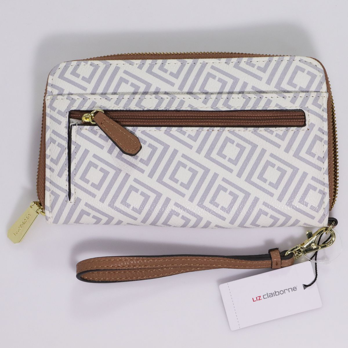 Liz Claiborne Faux Leather Zip-Around Wristlet - Grey Monogram Womens Handbags & Purses Liz Claiborne - Simple Cell Bulk Wholesale Pricing - USA Seller