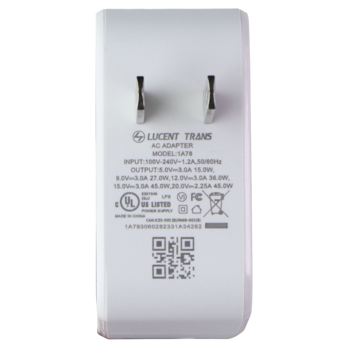 Lucent Trans (USB-C) AC Adapter (1A78) 15W 5V/3A - White Cell Phone - Cables & Adapters Lucent Trans - Simple Cell Bulk Wholesale Pricing - USA Seller