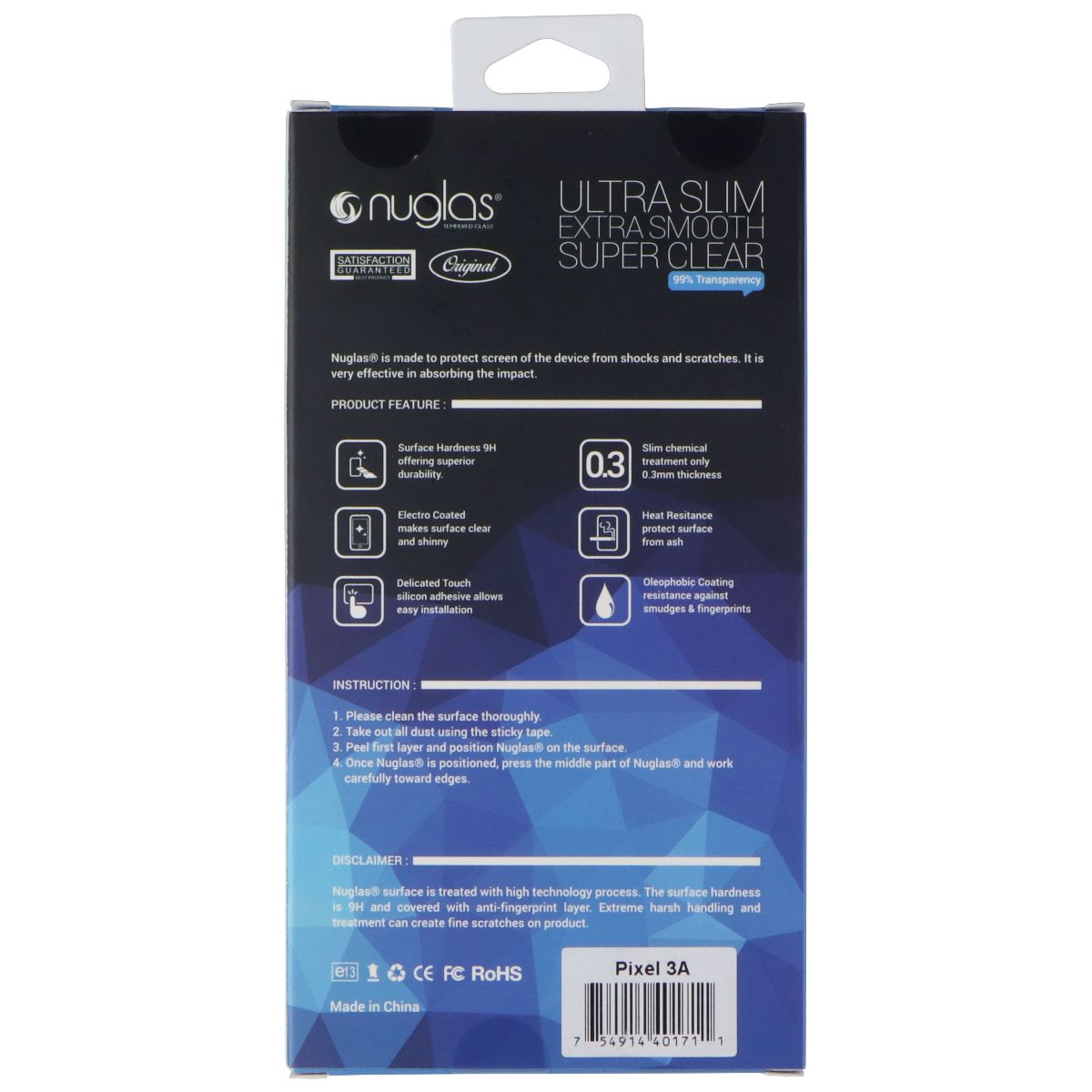 Nuglas Crystal Clear Premium Tempered Glass for Google Pixel 3a - Clear Cell Phone - Screen Protectors Nuglas - Simple Cell Bulk Wholesale Pricing - USA Seller