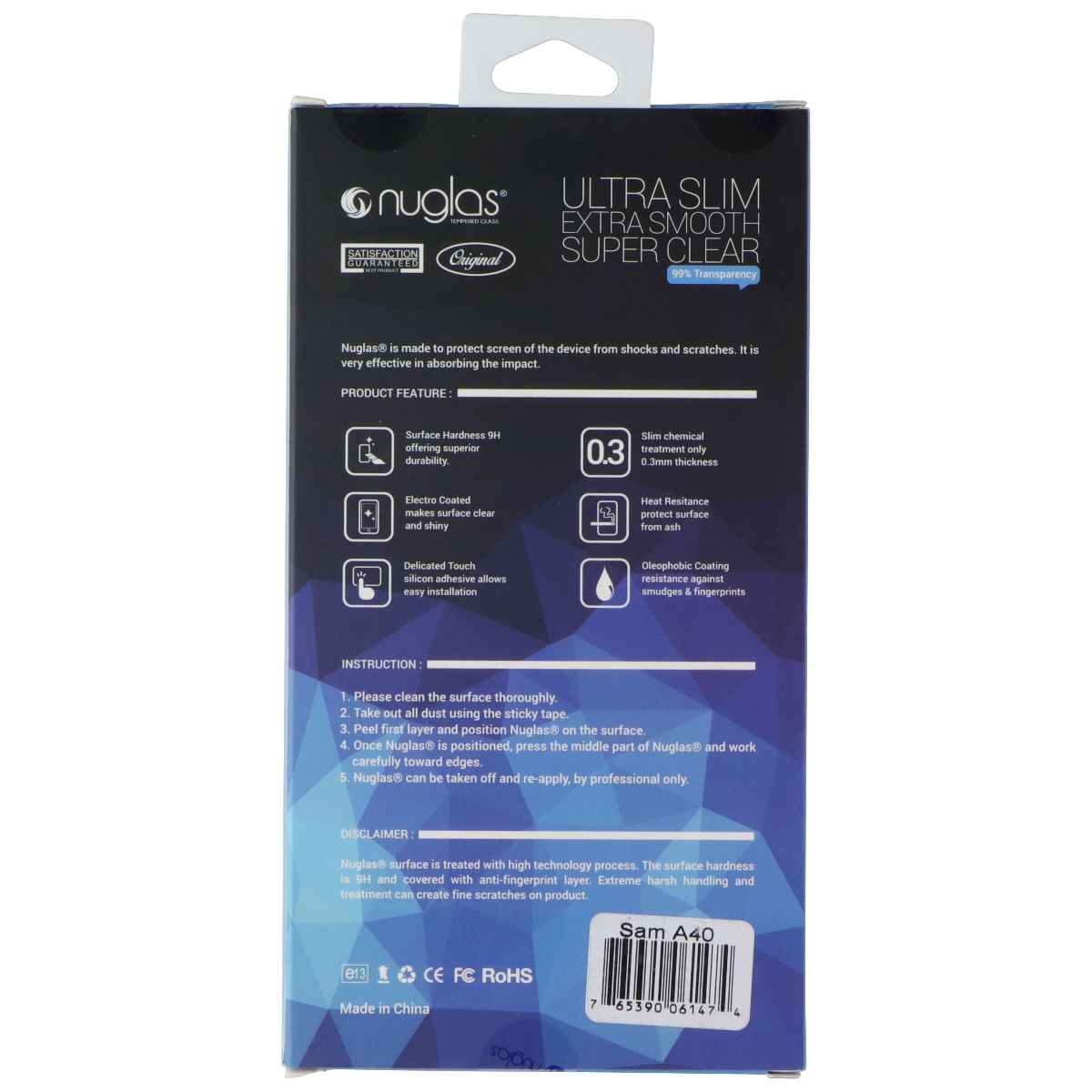 Nuglas Crystal Clear Tempered Glass Screen Protector for Galaxy A40 - Clear Cell Phone - Screen Protectors Nuglas - Simple Cell Bulk Wholesale Pricing - USA Seller