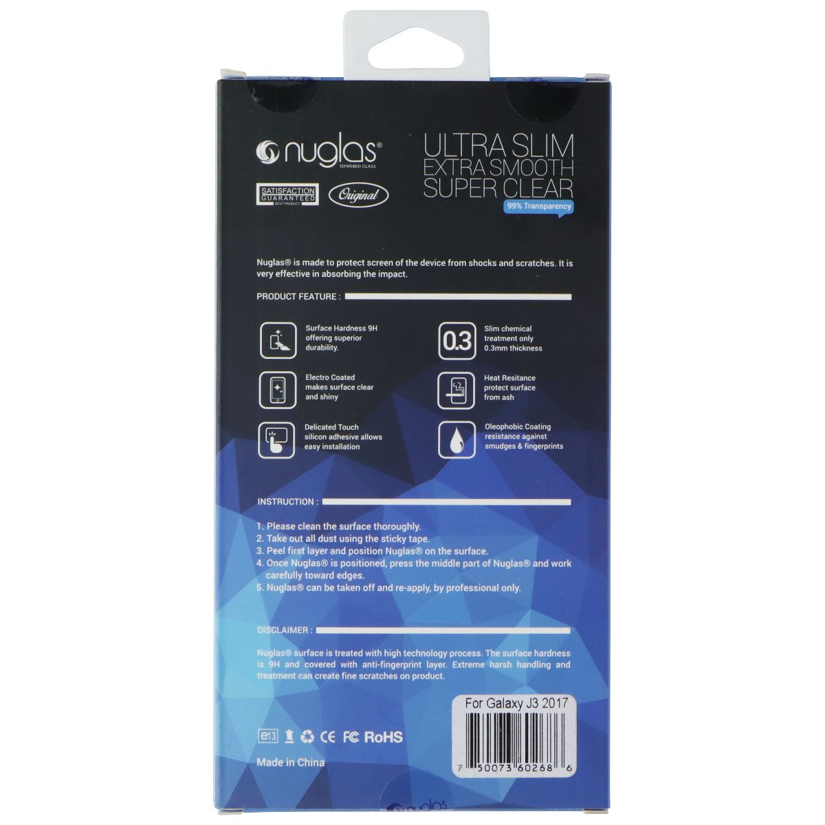 Nuglas Crystal Clear Tempered Glass for Samsung Galaxy J3 2017 / J3 Pro - Clear Cell Phone - Screen Protectors Nuglas - Simple Cell Bulk Wholesale Pricing - USA Seller