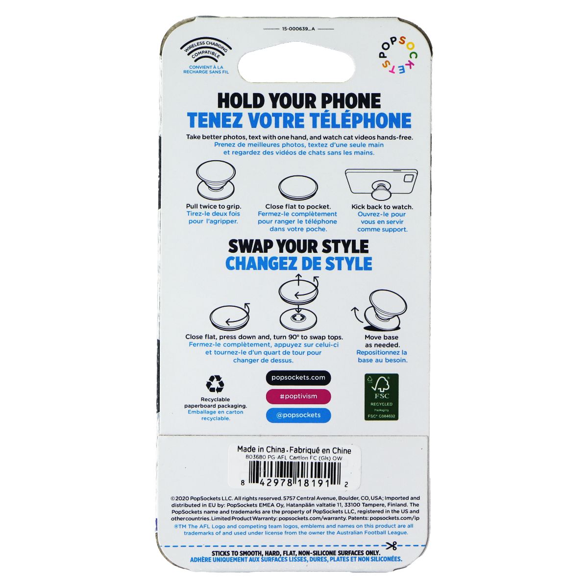 PopSockets PopGrip Expanding Stand Grip w/ Swappable Top - AFL Cartlon FC Cell Phone - Mounts & Holders PopSockets - Simple Cell Bulk Wholesale Pricing - USA Seller