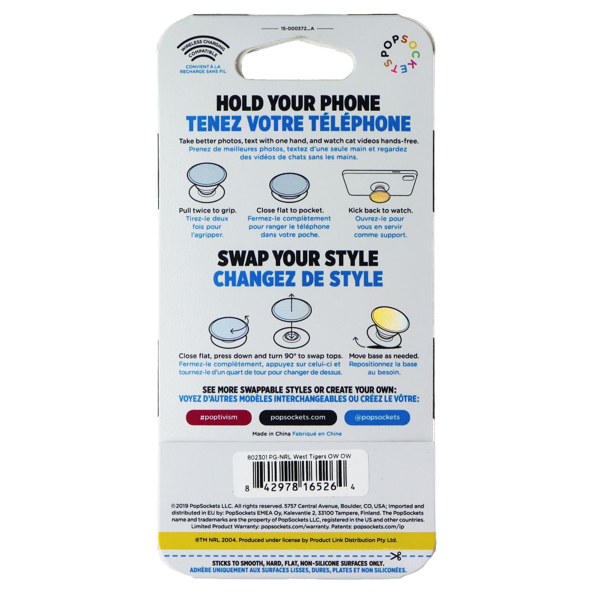 PopSockets PopGrip Expanding Stand Grip w/ Swappable Top - NRL West Tigers Cell Phone - Mounts & Holders PopSockets - Simple Cell Bulk Wholesale Pricing - USA Seller