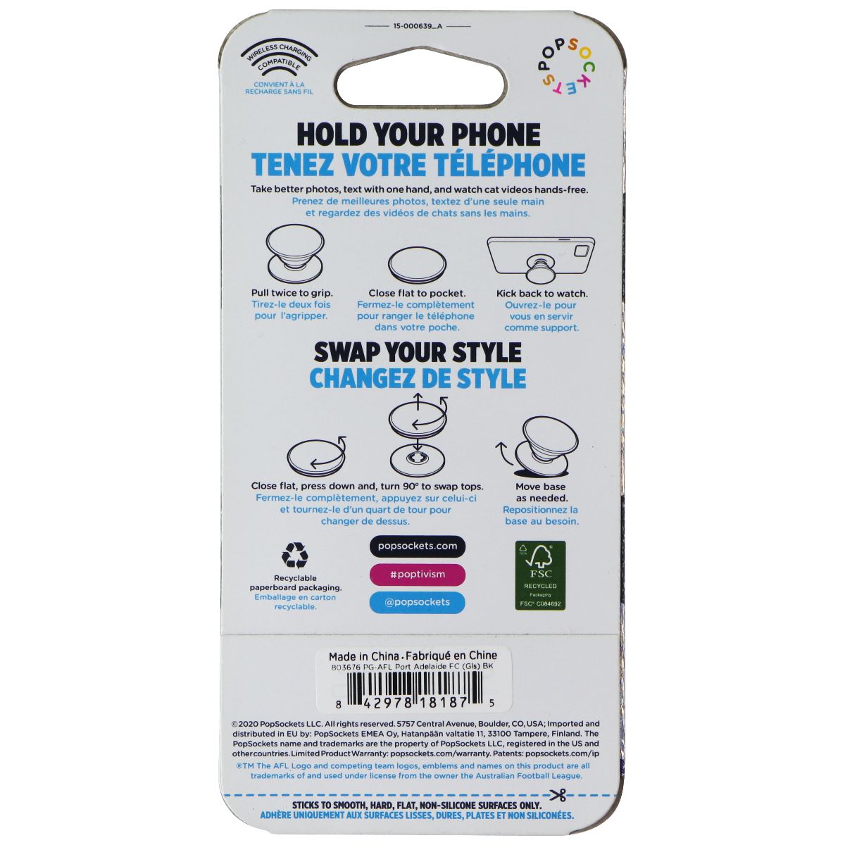 PopSockets PopGrip Expanding Stand Grip w/ Swappable Top - AFL Port Adelaide FC Cell Phone - Mounts & Holders PopSockets - Simple Cell Bulk Wholesale Pricing - USA Seller