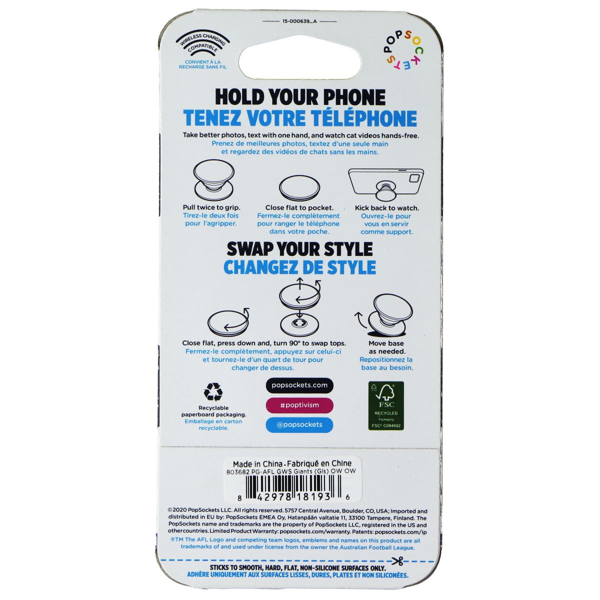PopSockets PopGrip Expanding Stand Grip w/Swappable Top - AFL GWS Giants Cell Phone - Mounts & Holders PopSockets - Simple Cell Bulk Wholesale Pricing - USA Seller
