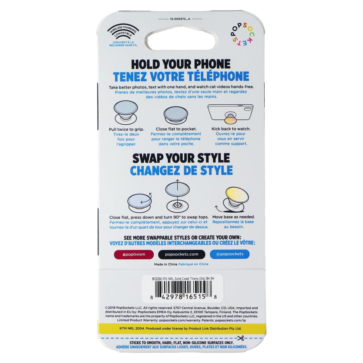 PopSockets PopGrip Expanding Stand Grip w/ Swappable Top - NRL Gold Coast Titans Cell Phone - Mounts & Holders PopSockets - Simple Cell Bulk Wholesale Pricing - USA Seller