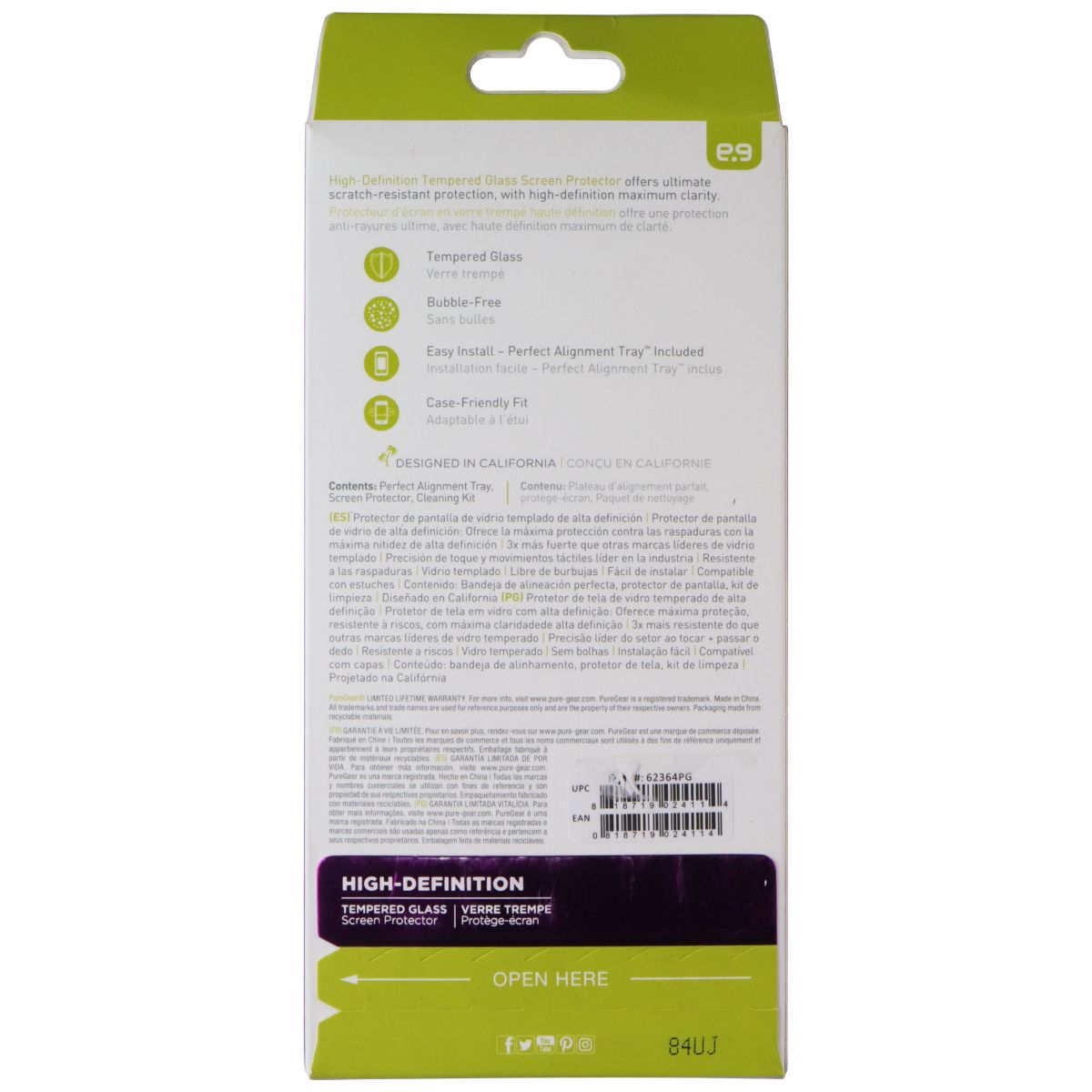 PureGear High Definition Tempered Glass Screen Protector for Huawei P20- Clear