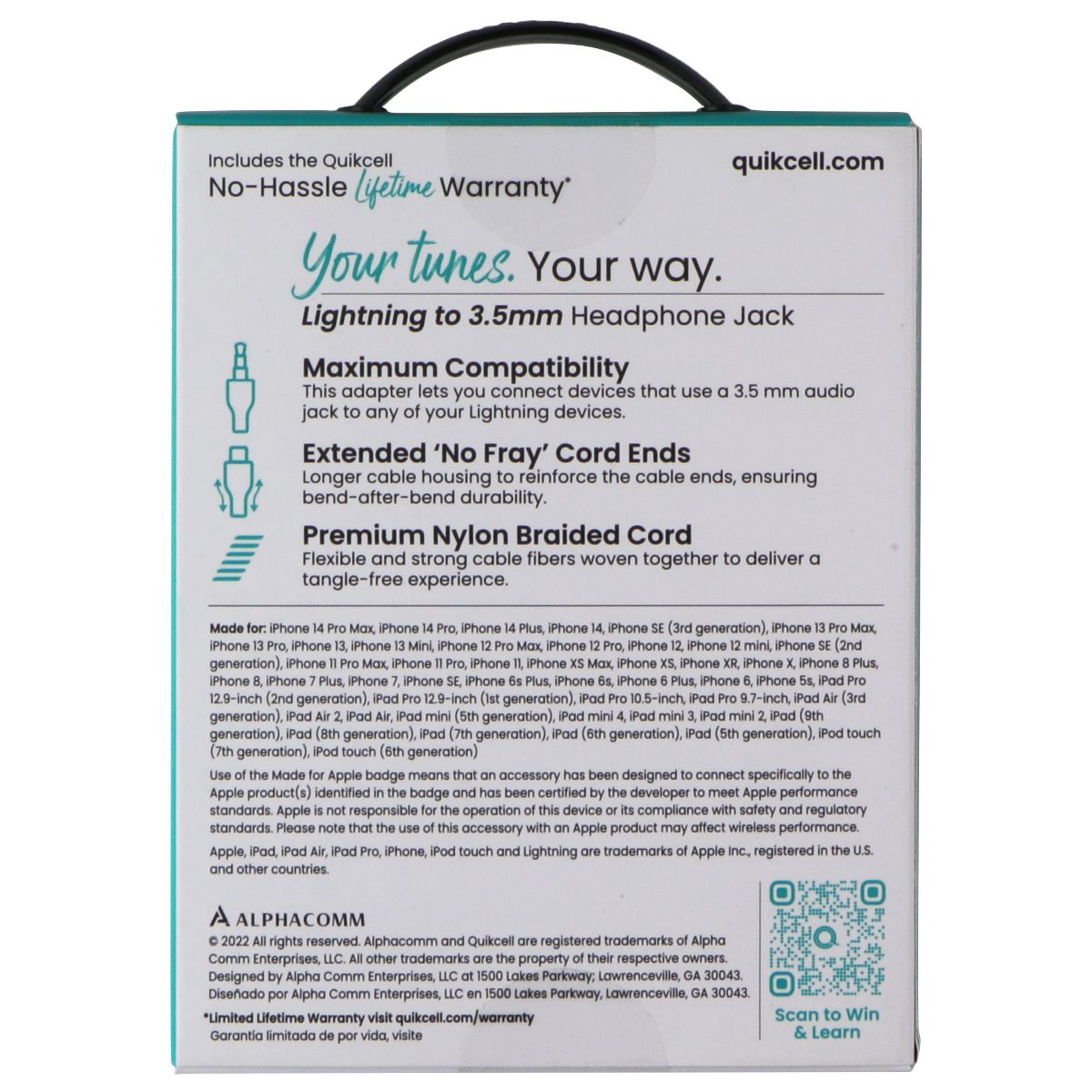 Quikcell Braided Audio Adapter Cable 8-Pin to 3.5mm Headphone Jack - Black