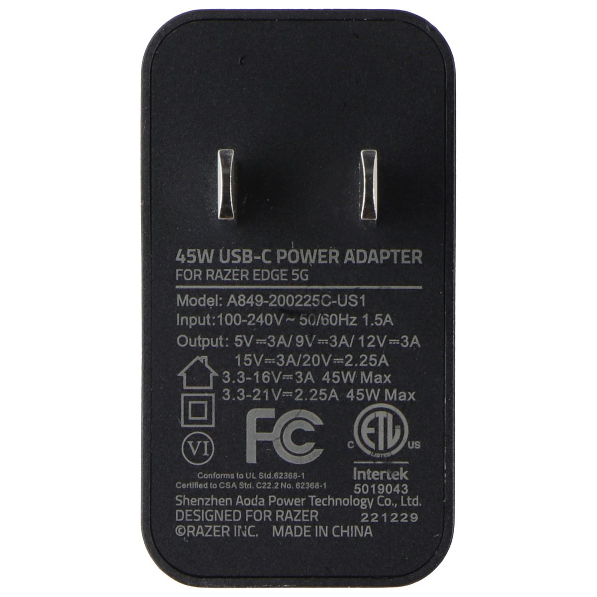 Razer Original OEM 45W USB-C Power Adapter for Razer Edge 5G - Black (A849) Cell Phone - Chargers & Cradles Razer - Simple Cell Bulk Wholesale Pricing - USA Seller