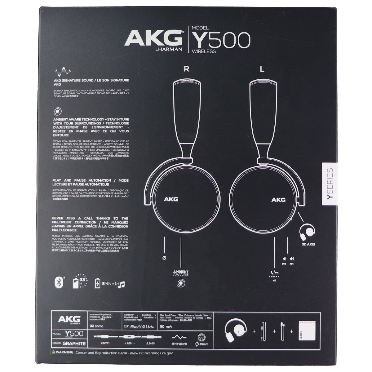 AKG Y500 On-Ear Foldable Wireless Bluetooth Headphones - Black (US Version)