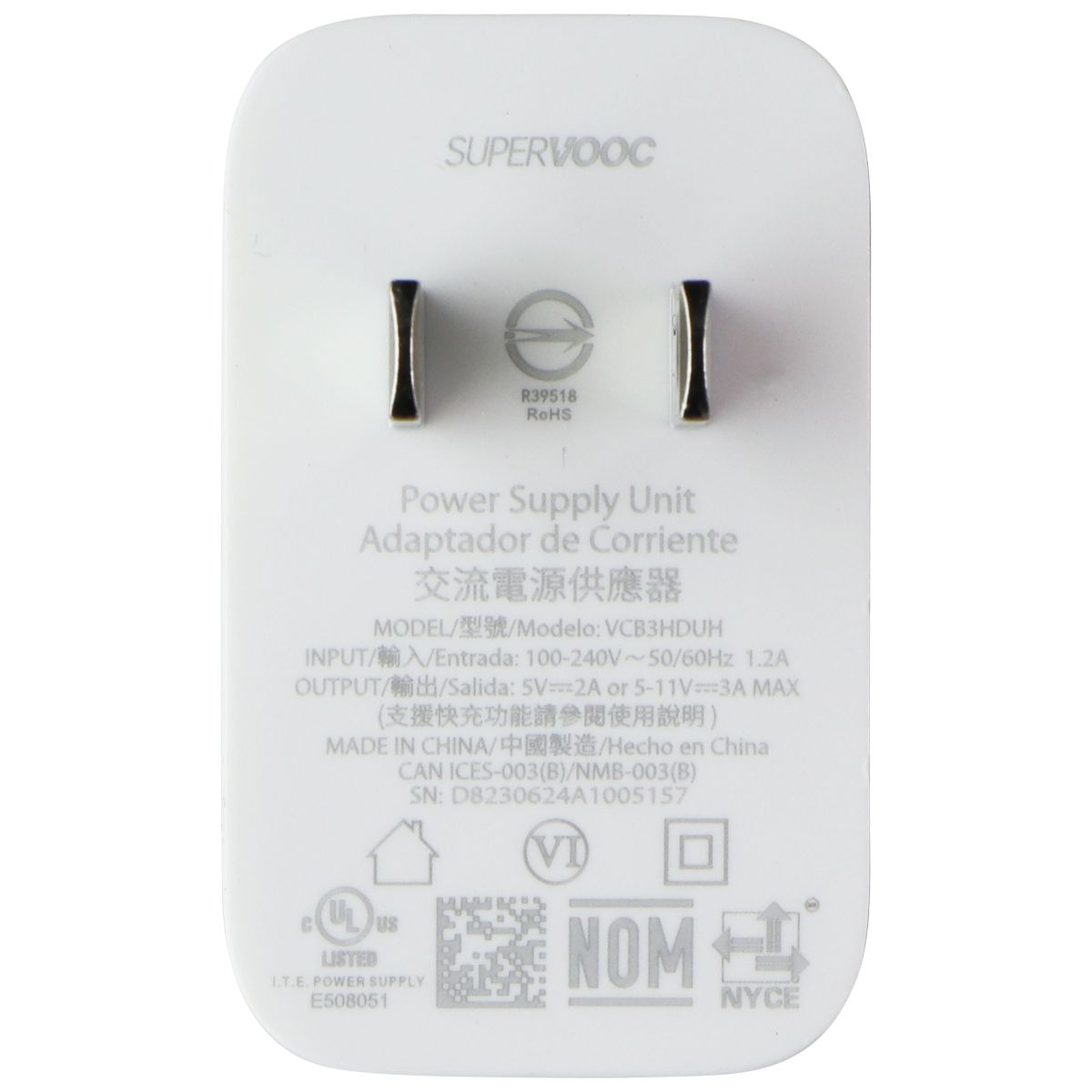 SUPERVOOC 33W USB-A Power Adaptor (VCB3HDUH) 5V/2A - White Cell Phone - Chargers & Cradles SuperVooc - Simple Cell Bulk Wholesale Pricing - USA Seller