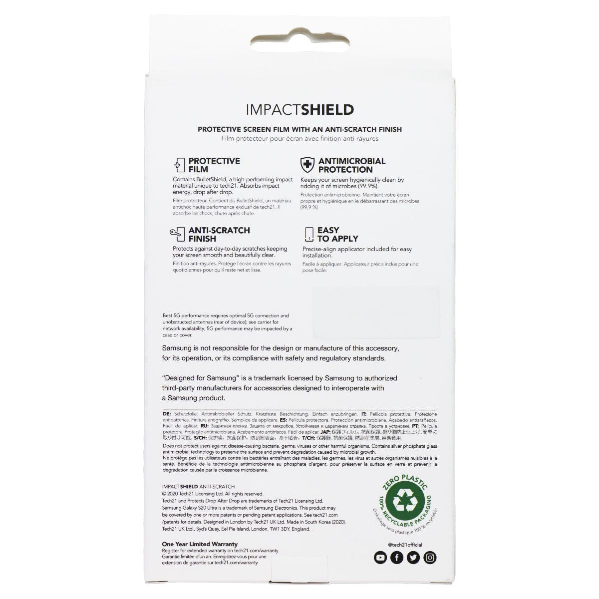 Tech21 Impact Shield Series Screen Protector for Samsung Galaxy S20 Ultra Cell Phone - Screen Protectors Tech21 - Simple Cell Bulk Wholesale Pricing - USA Seller