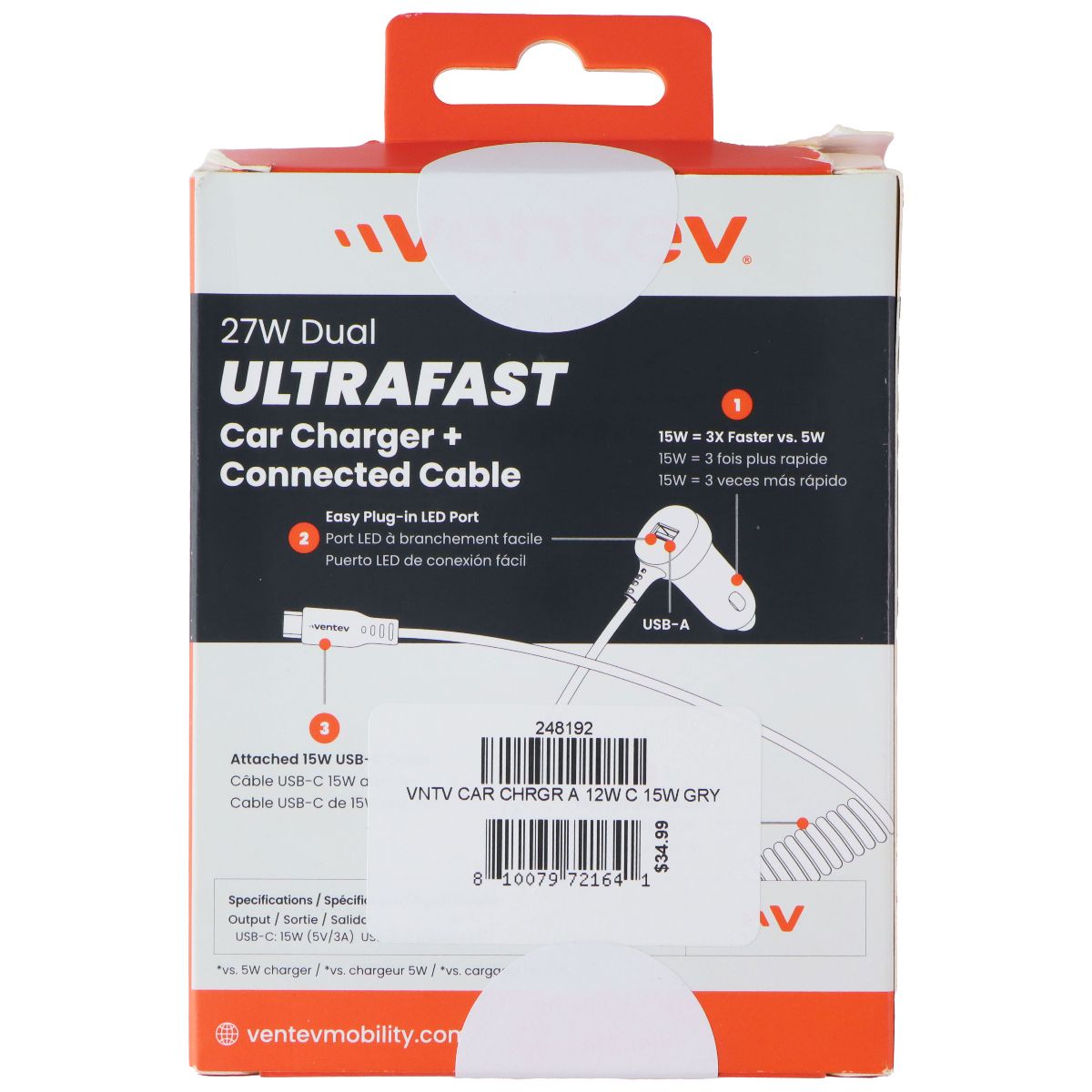 Ventev (27W) Dual Ultra Fast USB-A Car Charger with USB-C Connected Cable - Gray Cell Phone - Chargers & Cradles Ventev - Simple Cell Bulk Wholesale Pricing - USA Seller