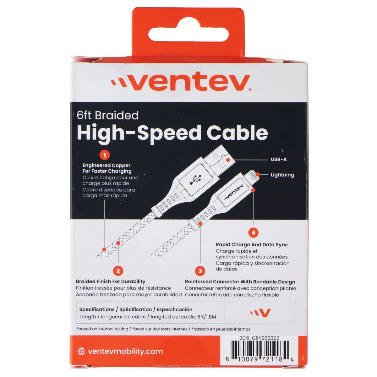 Ventev (6-Foot) Braided High Speed USB-A to Lightning 8-Pin Cable - Gray Cell Phone - Cables & Adapters Ventev - Simple Cell Bulk Wholesale Pricing - USA Seller