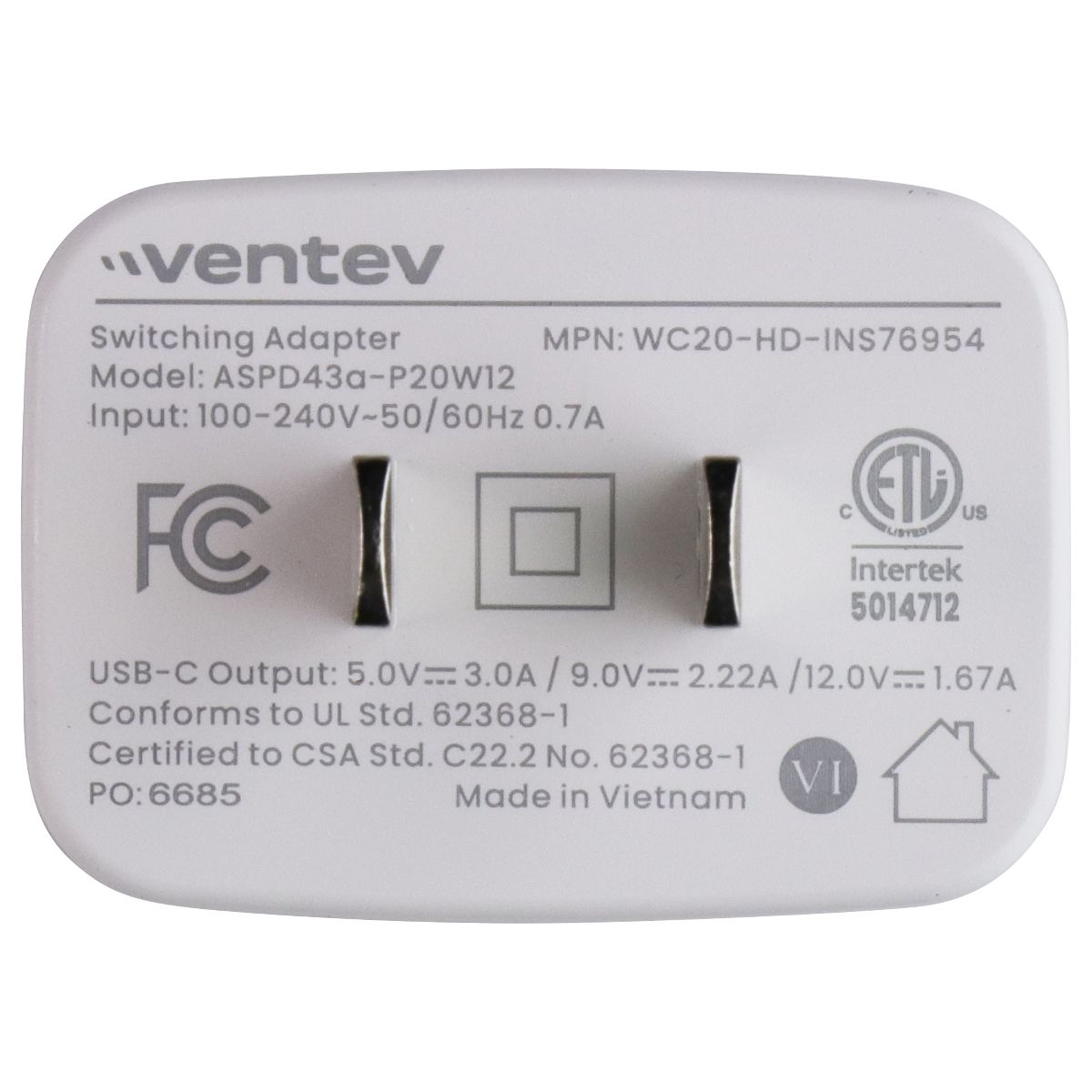 Ventev 5V/3A 20W USB-C Switching Adapter Wall Charger - White ASPD43a-P20W12 Cell Phone - Chargers & Cradles Ventev - Simple Cell Bulk Wholesale Pricing - USA Seller