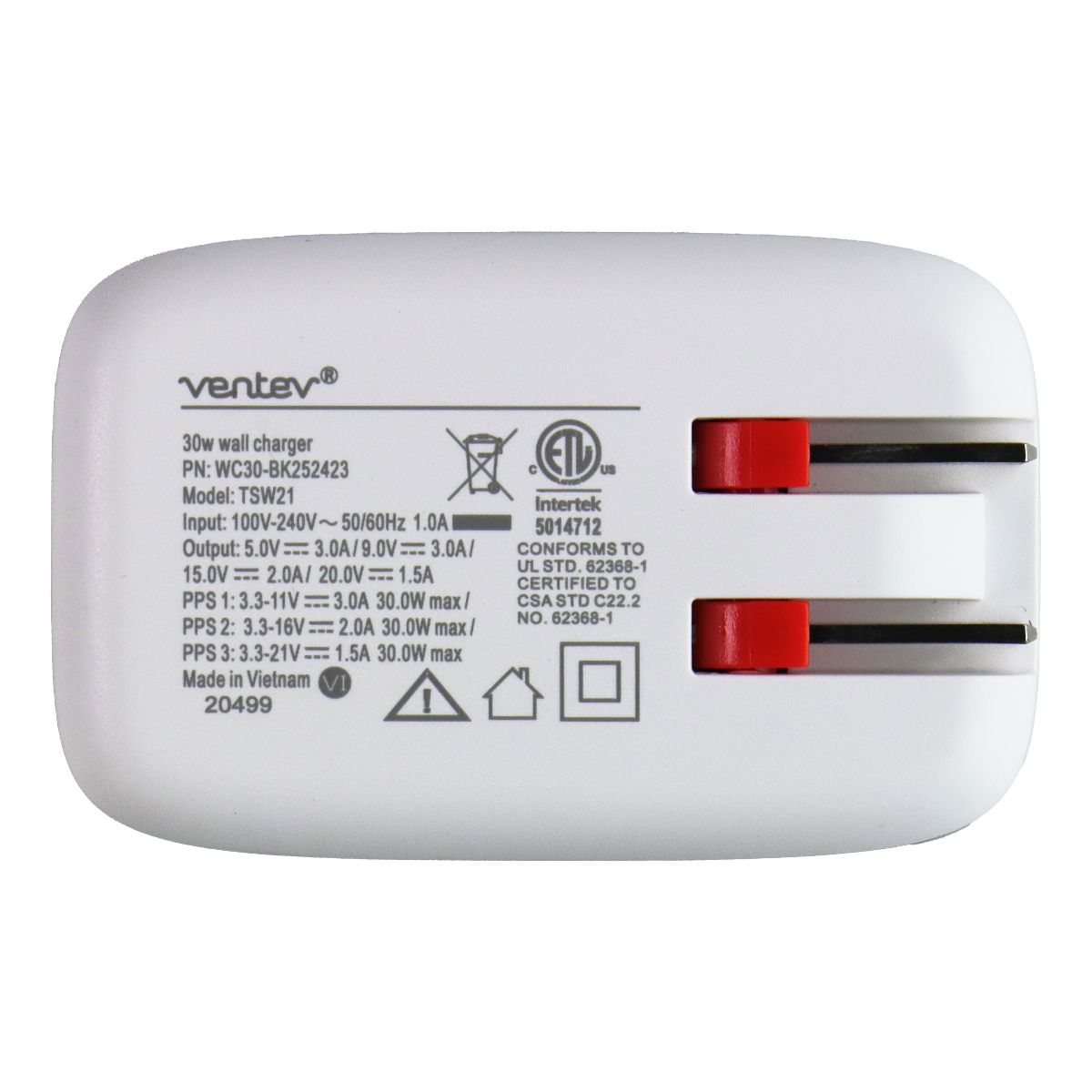 Ventev 30W Single Port USB-C Wall Charger with Folding Prongs - White Cell Phone - Chargers & Cradles Ventev - Simple Cell Bulk Wholesale Pricing - USA Seller