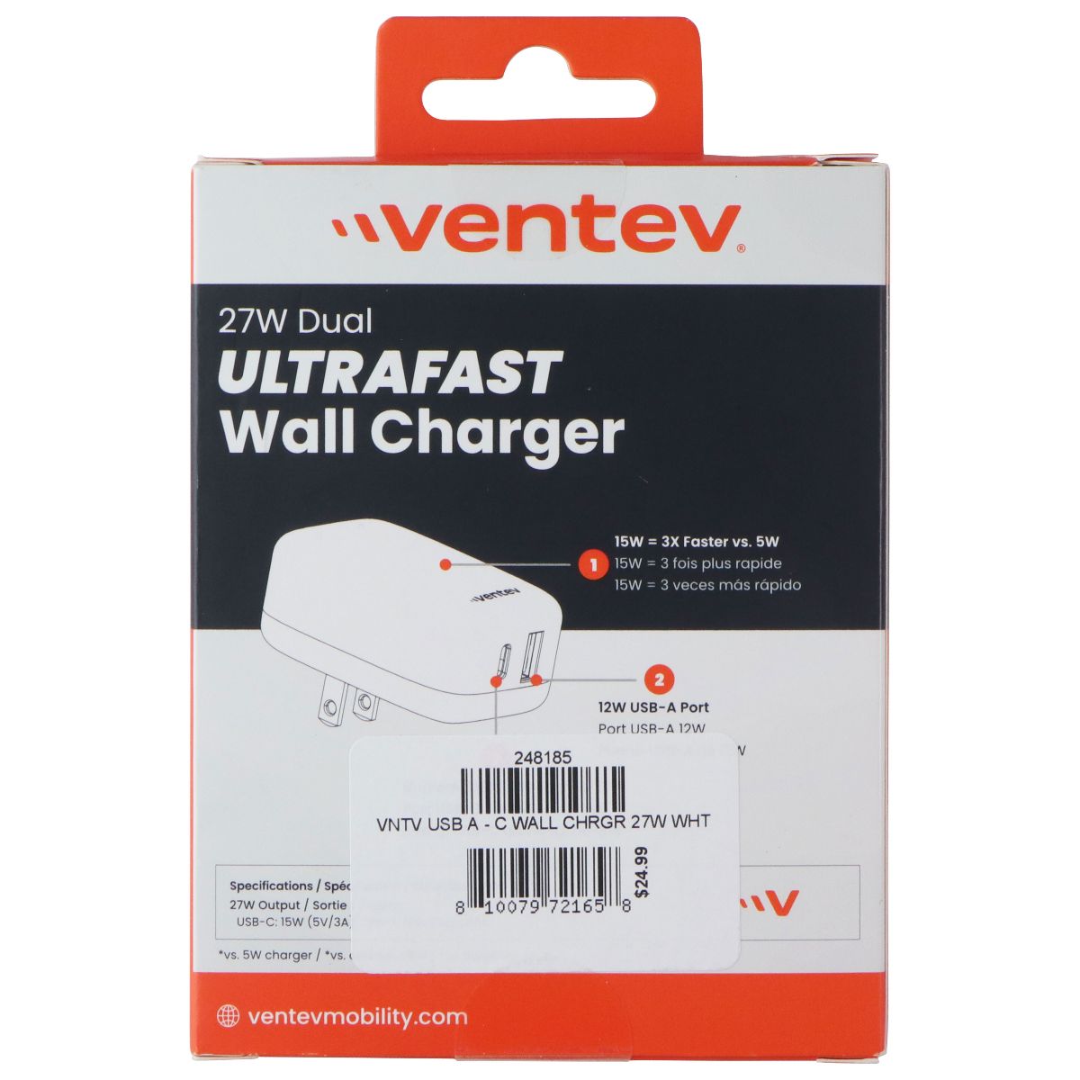 Ventev 27W (USB-A + USB-C) Dual Port Ultra Fast Wall Charger - Gray / White Cell Phone - Chargers & Cradles Ventev - Simple Cell Bulk Wholesale Pricing - USA Seller