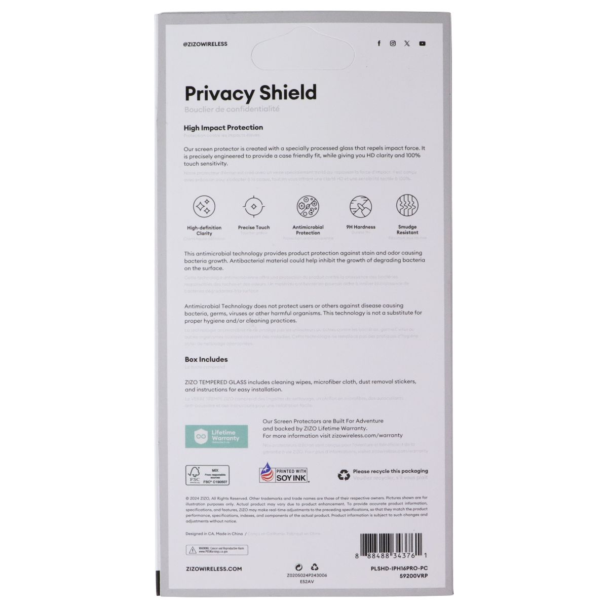 ZIZO Privacy Shield Tempered Glass Screen Protector for Apple iPhone 16 Pro