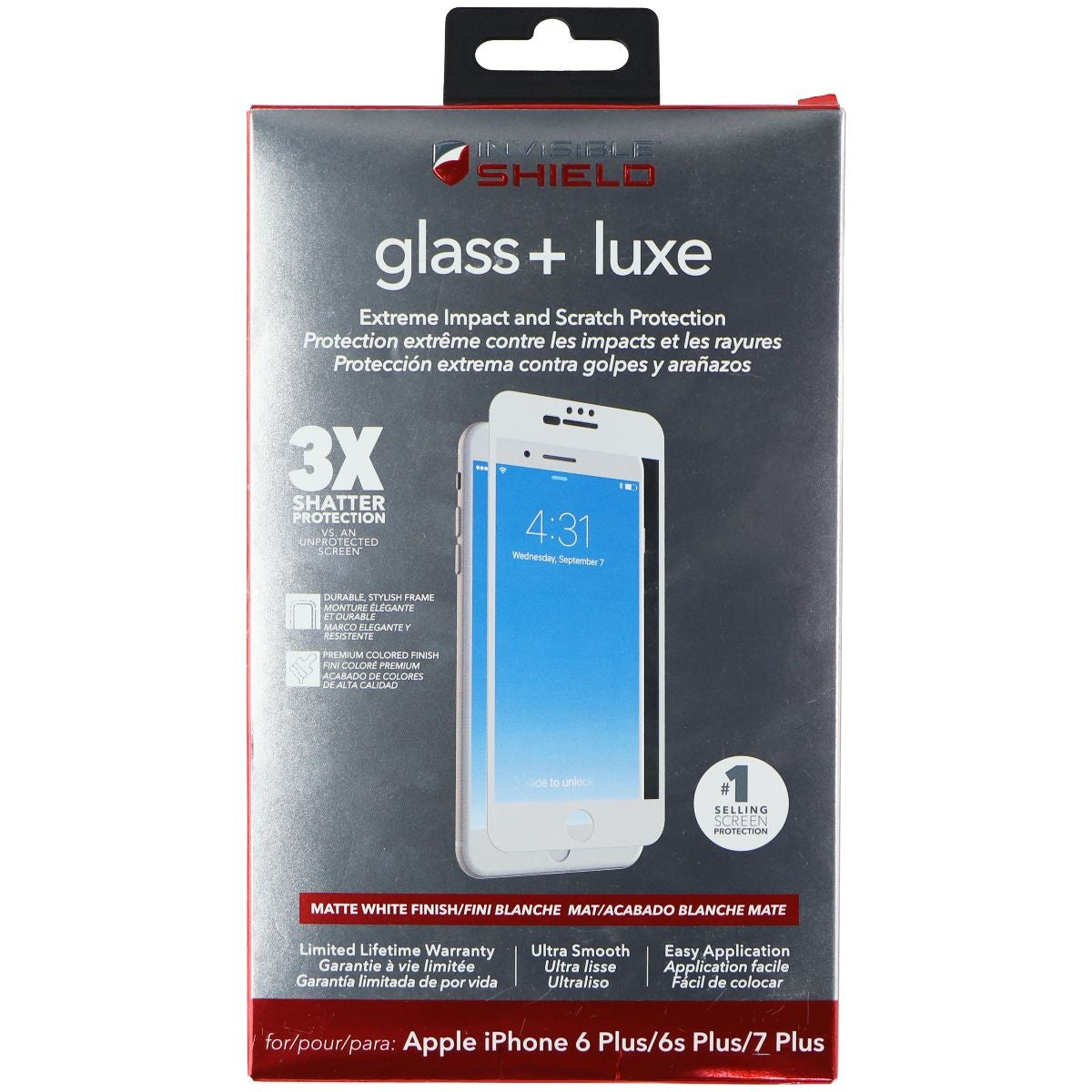 ZAGG InvisibleShield Glass + Luxe for iPhone 8 Plus/7 Plus/6s Plus - White Cell Phone - Screen Protectors Zagg - Simple Cell Bulk Wholesale Pricing - USA Seller