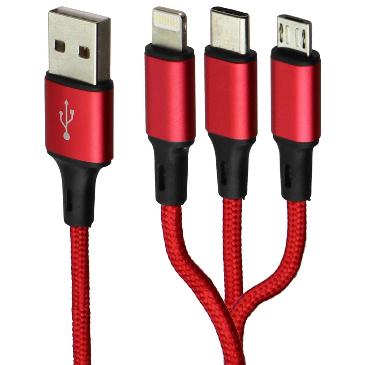 Zoda 3-in-1 USB-C/Lightning 8-Pin/Micro USB Braided Cable (4FT) - Red Cell Phone - Cables & Adapters Zoda - Simple Cell Bulk Wholesale Pricing - USA Seller