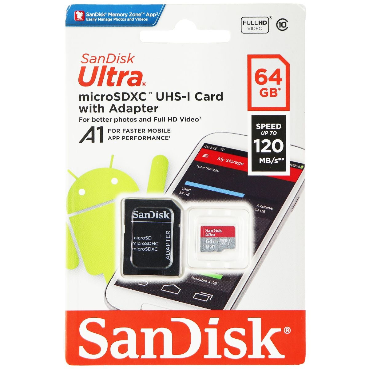 SanDisk Ultra microSDXC UHS-I Card with Adapter - (64GB / 120MB/s) Cell Phone - Memory Cards SanDisk - Simple Cell Bulk Wholesale Pricing - USA Seller