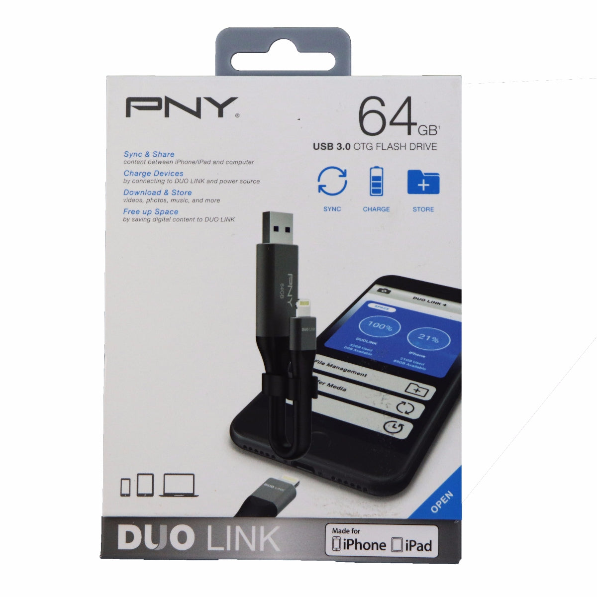 PNY 64GB Duo Link USB 3.0 On the Go Flash Drive for iPhone and iPads Digital Storage - USB Flash Drives PNY - Simple Cell Bulk Wholesale Pricing - USA Seller