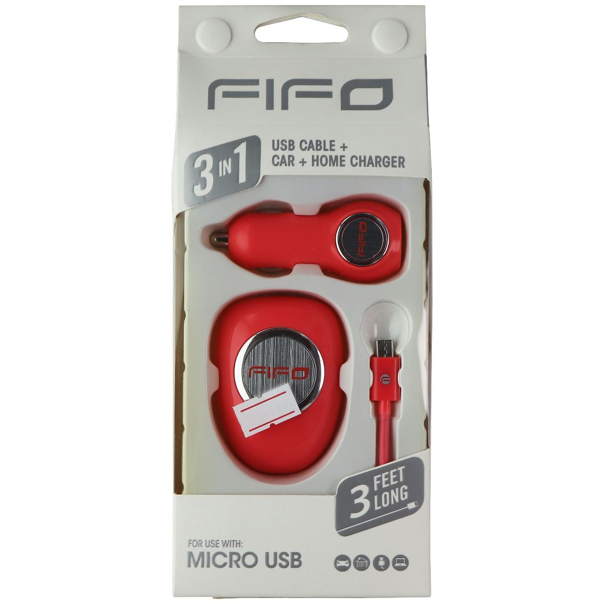 FIFO 3-in-1 Car + Wall USB Charger and 3-Ft Micro-USB Cable Combo - Pink Cell Phone - Chargers & Cradles FIFO - Simple Cell Bulk Wholesale Pricing - USA Seller