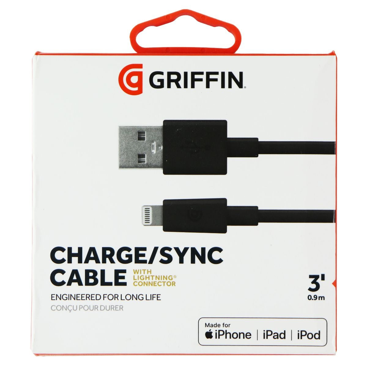 Griffin USB to Lighting Cable - Syncs iPad, iPod, or iPhone - 3 Feet, Black Cell Phone - Chargers & Cradles Griffin - Simple Cell Bulk Wholesale Pricing - USA Seller