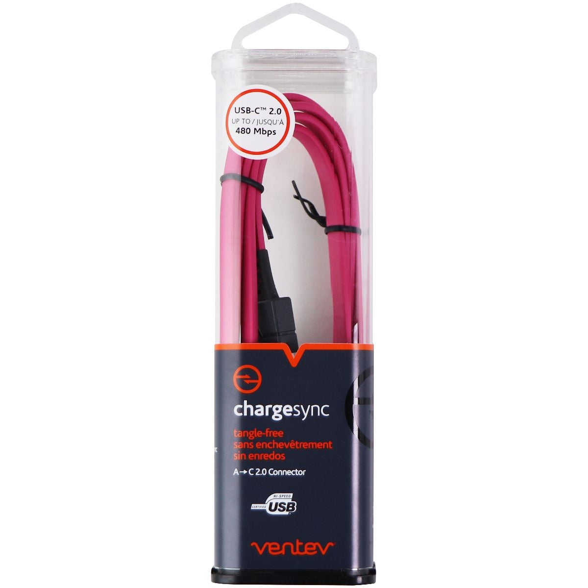 Ventev 3.3-Foot ChargeSync (USB-C) to USB Flat Tangle-Free Cable - Pink Cell Phone - Cables & Adapters Ventev - Simple Cell Bulk Wholesale Pricing - USA Seller