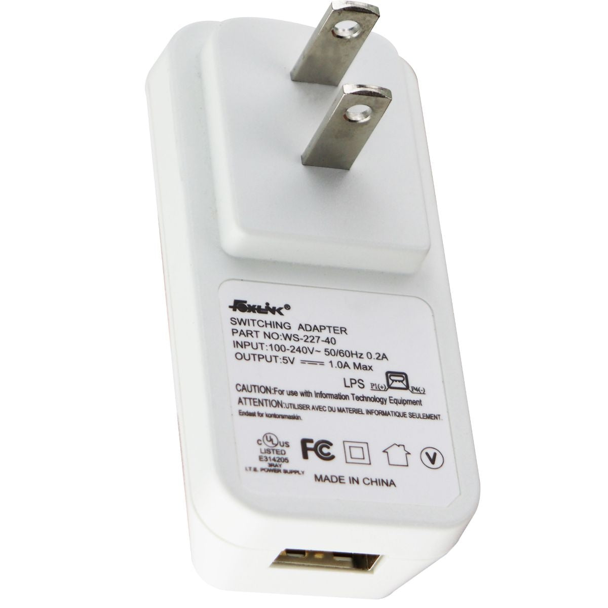 Foxlink Switching Adapter Single 5V/1A USB Wall Charger (WS-227-40) - White Cell Phone - Chargers & Cradles Foxlink Group - Simple Cell Bulk Wholesale Pricing - USA Seller