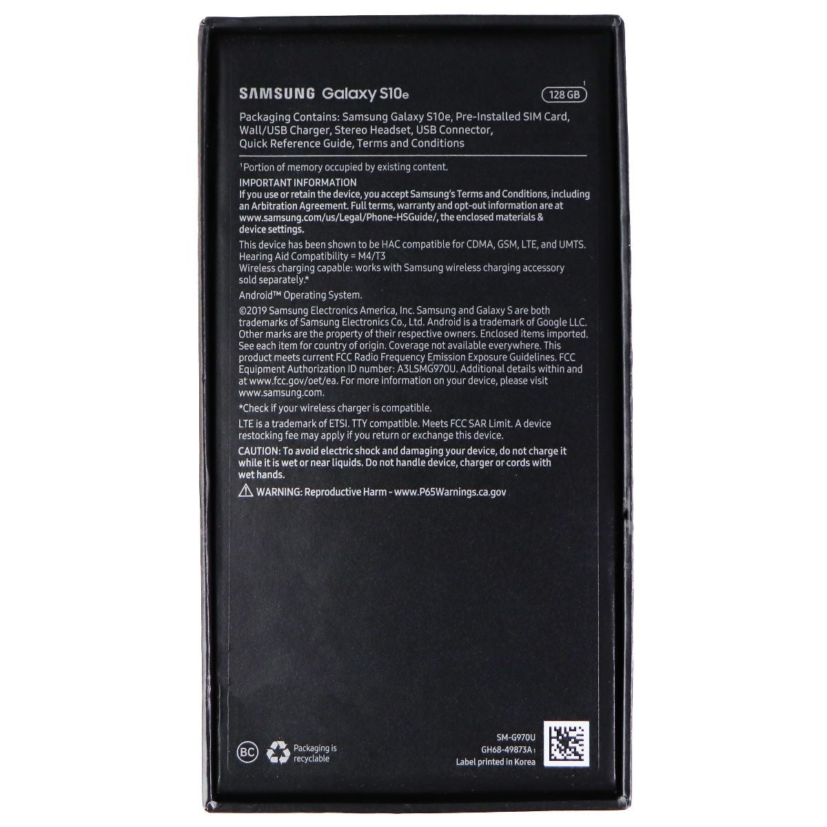 Samsung Galaxy S10e (G970U) RETAIL BOX - 128GB / Black - NO DEVICE and NO Extras Cell Phone - Other Accessories Samsung - Simple Cell Bulk Wholesale Pricing - USA Seller