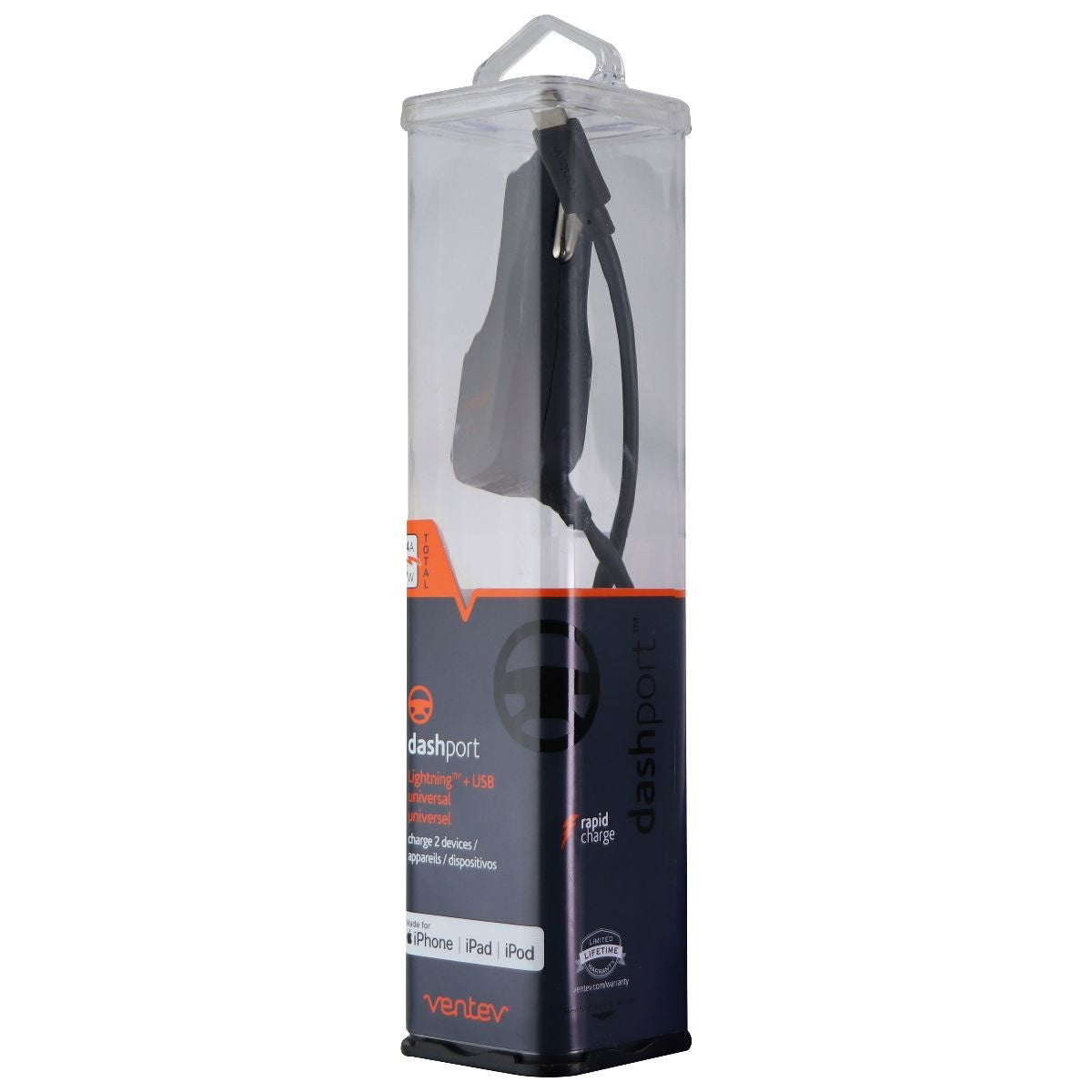 Ventev (12W) USB-A Car Charger w/Attached 15W Lightning 8-Pin Cord - Dark Gray Cell Phone - Chargers & Cradles Ventev - Simple Cell Bulk Wholesale Pricing - USA Seller