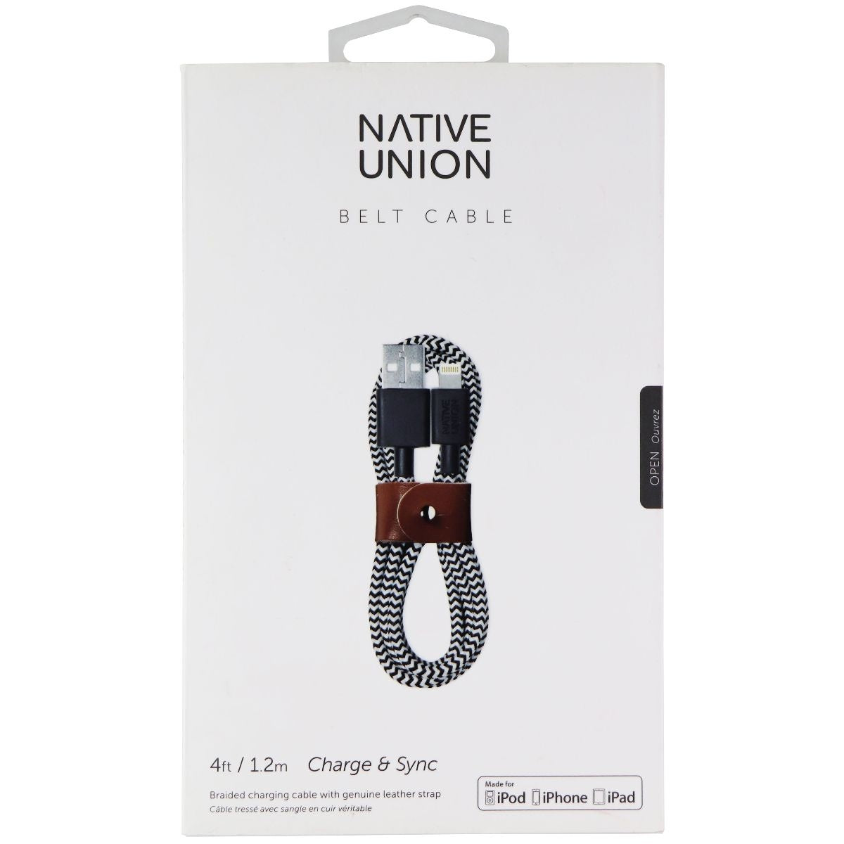 Native Union (BELT-KV-L-ZEB2) 4Ft Cable for USB Devices - Black/White Cell Phone - Cables & Adapters Native Union - Simple Cell Bulk Wholesale Pricing - USA Seller