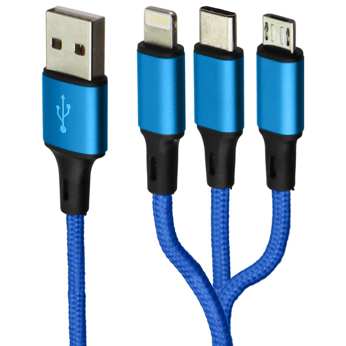 Zoda 3-in-1 USB-C/Lightning 8-Pin/Micro USB Braided Cable (4FT) - Blue/Teal Cell Phone - Cables & Adapters Zoda - Simple Cell Bulk Wholesale Pricing - USA Seller