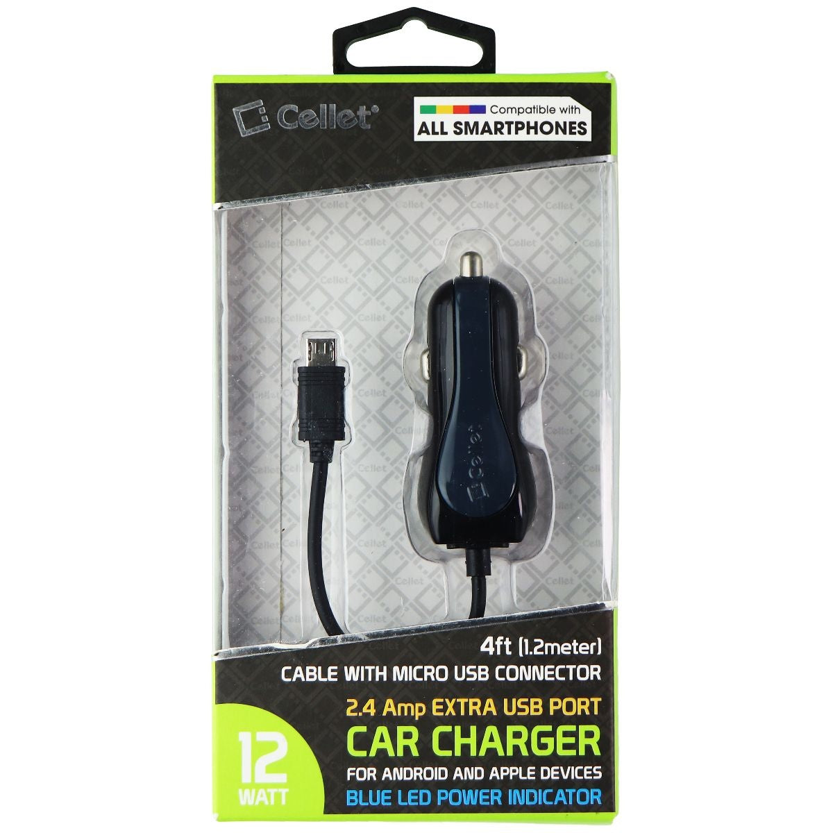 Cellet Car Charger (2.4A) with 4FT Micro USB Cable + Extra USB Port - Black Cell Phone - Chargers & Cradles Cellet - Simple Cell Bulk Wholesale Pricing - USA Seller