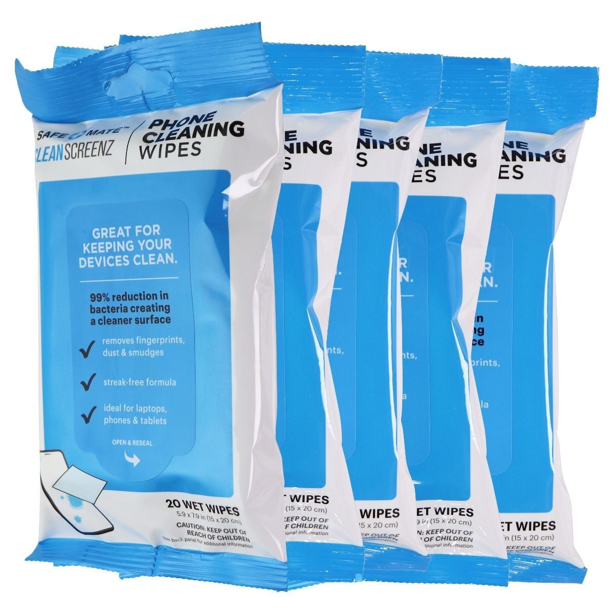 5 Packs of SafeMate Screenz Phone Cleaning Wipes (20 Wipe Per Pack, 5.9x7.9in) Cell Phone - Replacement Parts & Tools SafeMate - Simple Cell Bulk Wholesale Pricing - USA Seller