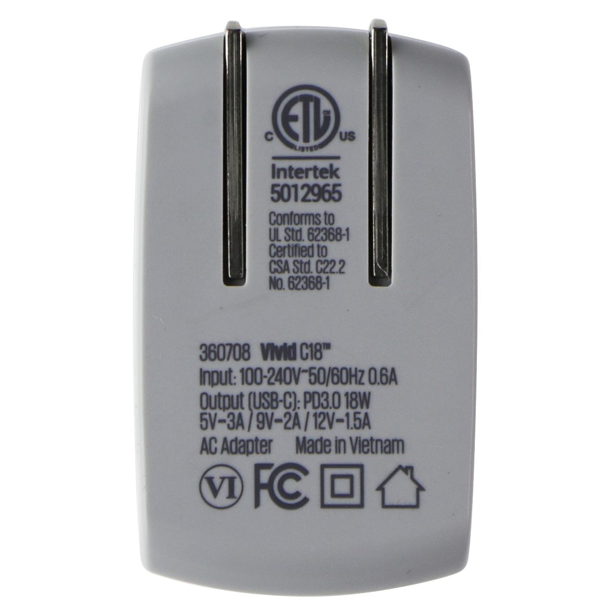 360 Electrical Vivid C18 (18-Watt) USB-C Wall Charger/Adapter - White Cell Phone - Chargers & Cradles 360 Electrical - Simple Cell Bulk Wholesale Pricing - USA Seller