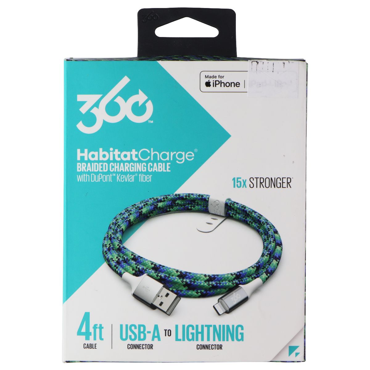 360 (4ft) HabitatCharge USB-A to 8-Pin Lightning Braided Cable - Turquoise Cell Phone - Cables & Adapters 360 Electrical - Simple Cell Bulk Wholesale Pricing - USA Seller