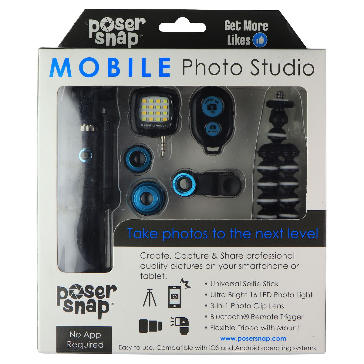 PoserSnap Mobile Photo Studio (NO APP REQUIRED) - Black / Blue Camera Accessories - Filter Rings & Holders PoserSnap - Simple Cell Bulk Wholesale Pricing - USA Seller